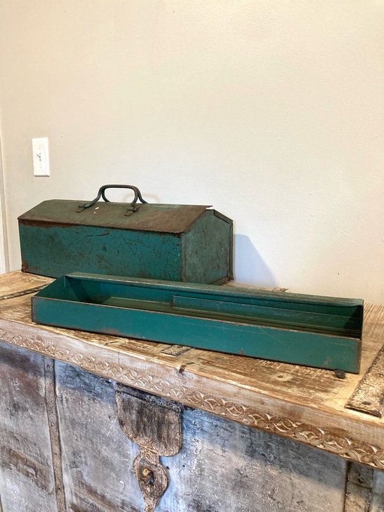 Vintage Other - Vintage Metal Toolbox in Teal with Carry Handle and Insert 21” Long Distressed